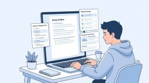 A university classroom scene where a student uses a tablet and laptop to capture AI-powered lecture notes. Floating UI elements show real-time transcription, highlighted key points, and organized notes. Clean educational environment, futuristic yet realistic style, soft purple and blue lighting, professional academic tone. No text, no watermark, blog inner image, 16:9.