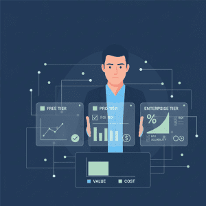 Conceptual illustration showing pricing tiers, ROI graphs, value vs cost comparison for AI tools. A professional analyzing data on digital screens. Clean business tech style, trustworthy, minimal, 16:9, no text, no logos.