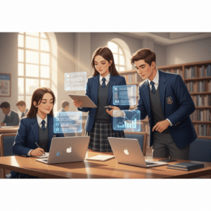 Students conducting AI-assisted research in a school library using laptops and tablets, highlighting summaries and charts.