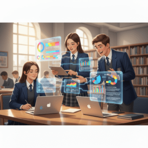 Students designing AI-assisted presentations and infographics for school projects in a library environment.