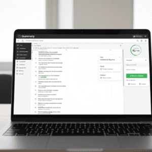 Grammarly features dashboard showing grammar corrections, tone detection, and AI writing suggestions