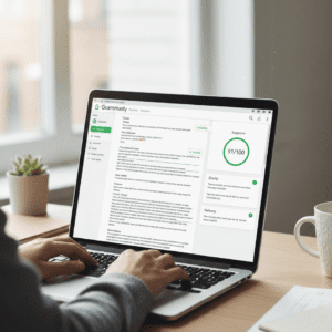 Grammarly real-time writing feedback with grammar and tone suggestions on laptop