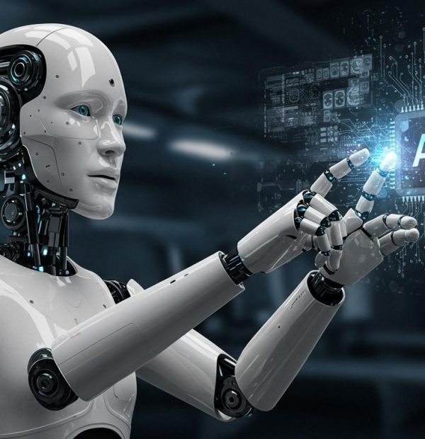 Futuristic robot interacting with AI technology.